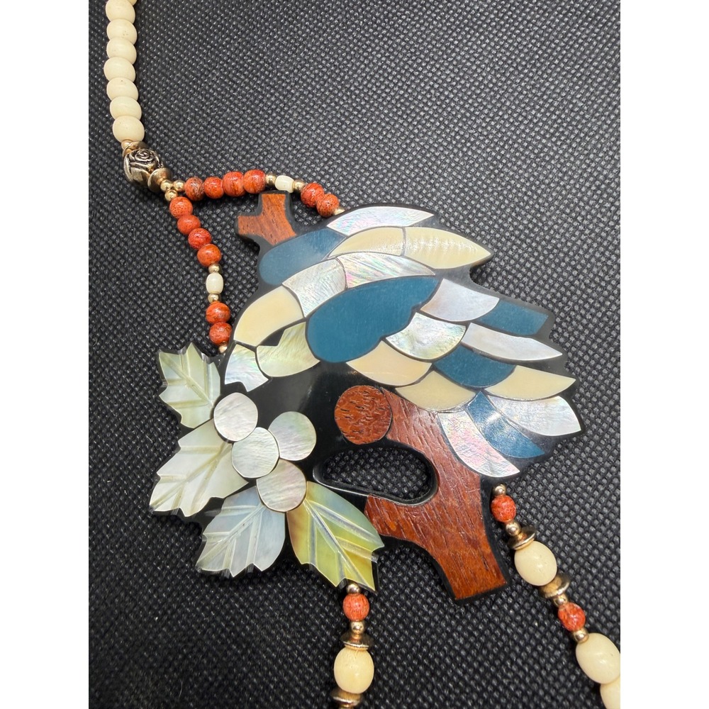 Vintage Lee Sands Mother of Pearl Abalone Bird Inlay Beaded Statement Necklace - Picture 2 of 7